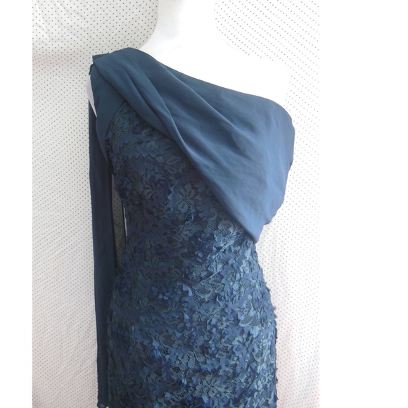 NEW JS COLLECTIONS Navy Lace ELODIE Floral ONE SHOULDER Chiffon DRAPED GOWN 10 - Picture 7 of 13